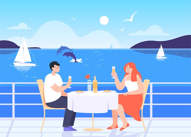 クルーズ船のデッキでロマンチックなデートのカップル。ボートや海岸のフラットベクトルイラストのカフェやレストランで食事をしている男性と女性。旅、新婚旅行、休暇、バナーの旅行のコンセプト