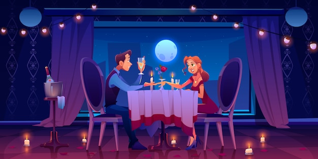 Пара романтическое свидание ужин, мужчина держит женщину за руку, сидя за столом в темной комнате у окна с видом на луну в ночи