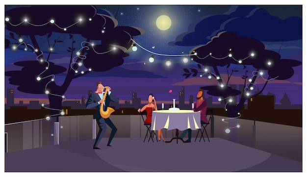 Free vector couple at romantic dinner outdoors illustration