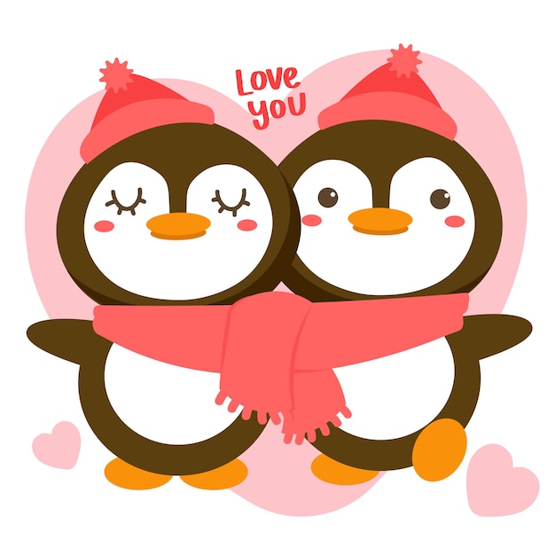 Free vector couple of romantic penguins celebrating saint valentine