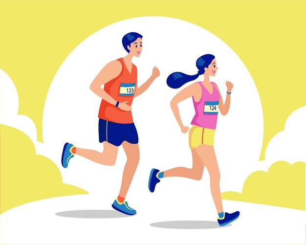 カップルランニング、健康志向のコンセプト。スポーティな女性と男性のジョギング。ランナーのイラスト