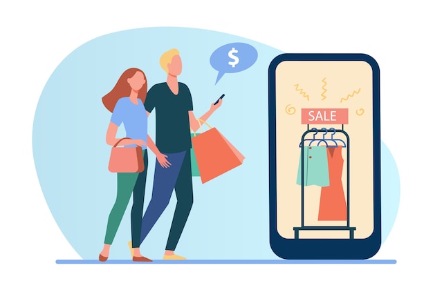 Couple shopping online. Sale in fashion store, ad on cellphone screen flat illustration.