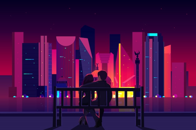 都市の堤防、男と女の街の夜景を楽しんでいるベンチに座ってカップル