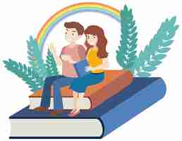 Free vector a couple sitting on books in flat design