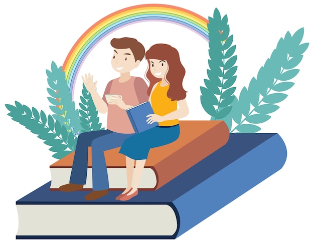 A couple sitting on books in flat design