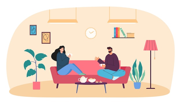 Coppia seduta e bere caffè sul divano di casa. personaggi romantici che parlano, mangiano, camera o appartamento in hygge o illustrazione vettoriale piatta in stile scandinavo. concetto di amore, interni o mobili