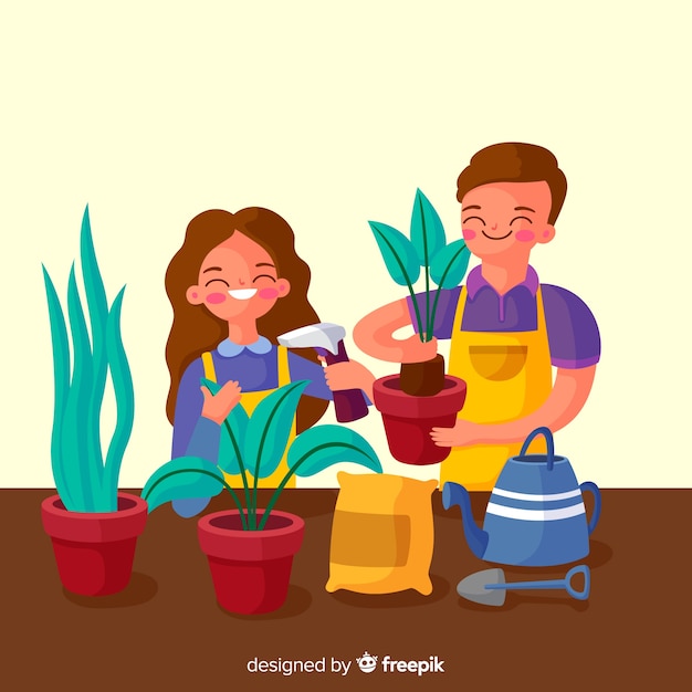 Couple taking care of plants