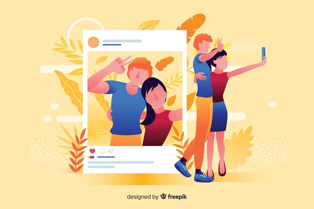 Couple taking a selfie to post on social media illustrated