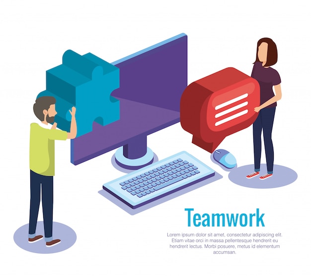 Free vector couple teamwork with desktop