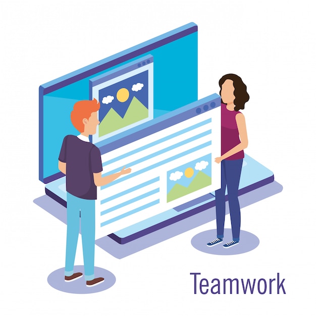 Free vector couple teamwork with laptop