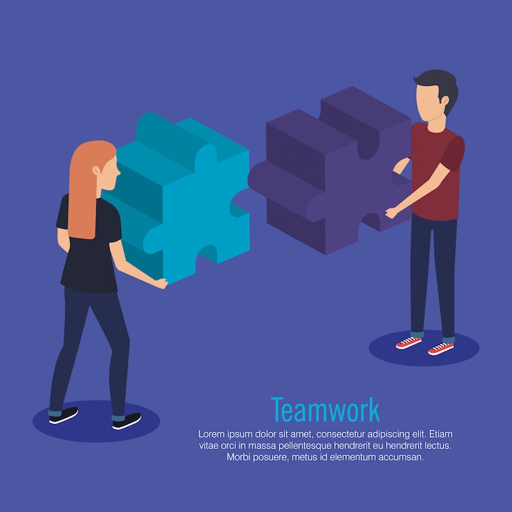 Free Vector couple teamwork with puzzle pieces