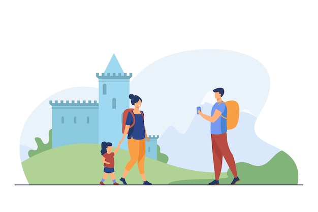 Couple of tourist with kid at landmark. People with backpacks taking pictures at castle flat vector illustration. Vacation, family travel concept 