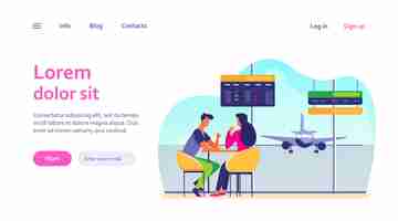 Free vector couple of tourists drinking coffee in airport. man and woman waiting boarding web template.