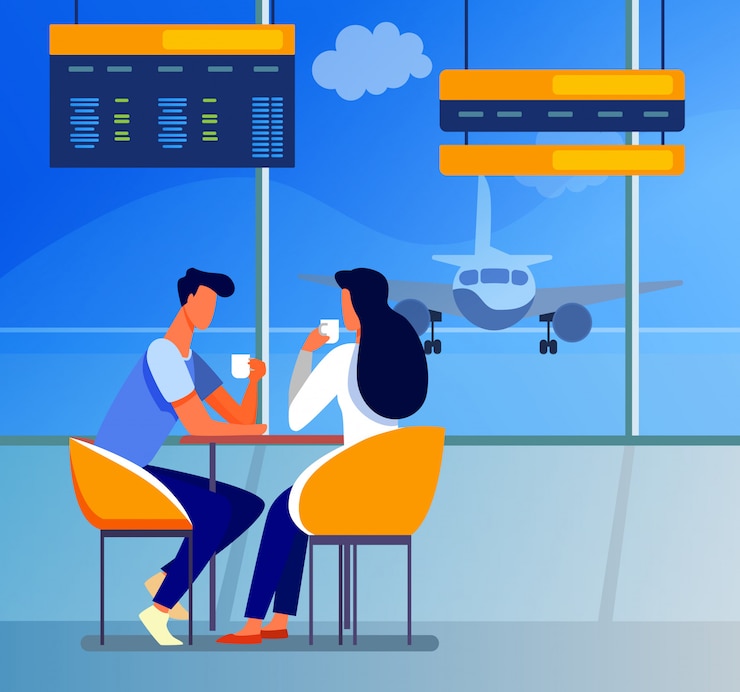 Free Vector couple of tourists drinking coffee in airport