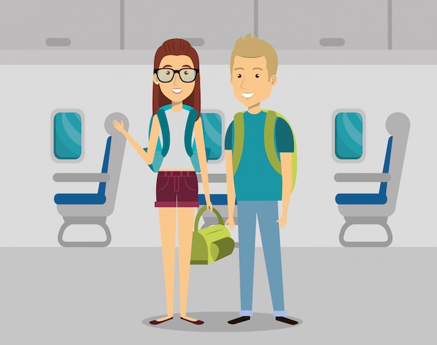 couple travelers in the airplane