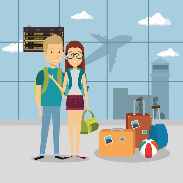 Free vector couple travelers in the airport characters