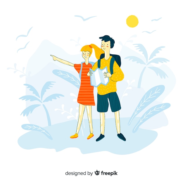 Free vector couple traveling hand drawn design