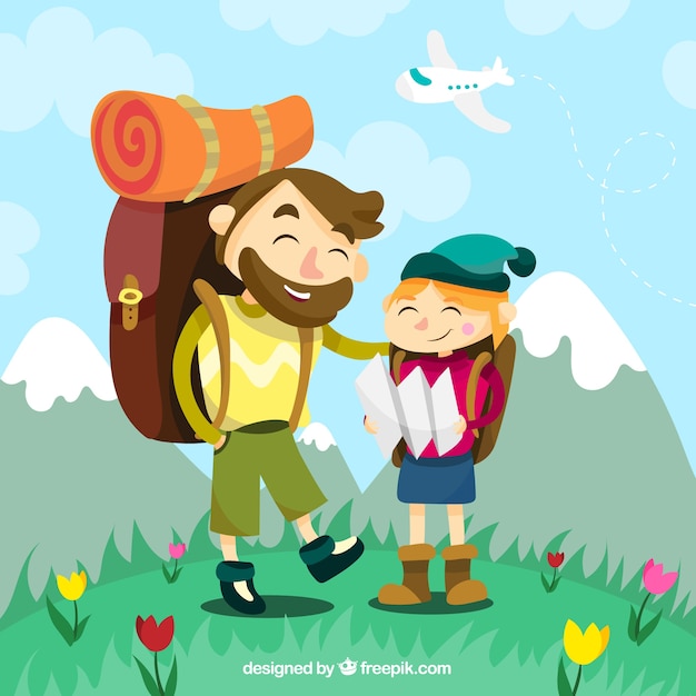 Free vector couple traveling in mountains