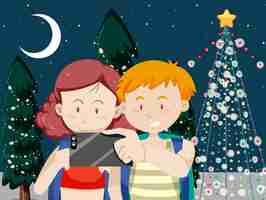 Free vector couple traveller taking selfie with christmas tree background