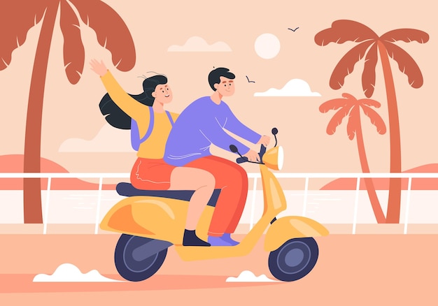 Free vector couple travelling by bike flat vector illustration. happy young man and woman riding motorbike, going on scooter to sea together. vehicle, summer trip, romance, transportation concept