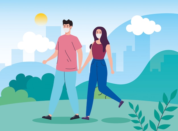 Free vector couple using face mask walking in landscape