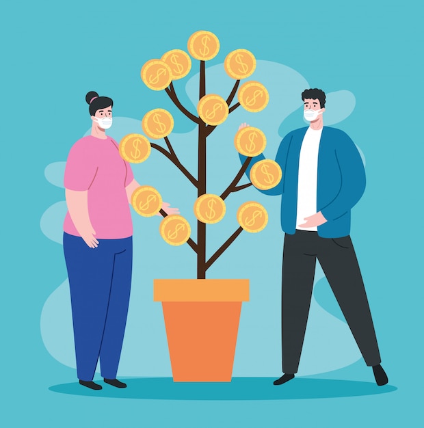 Free vector couple using face mask with plant of coins