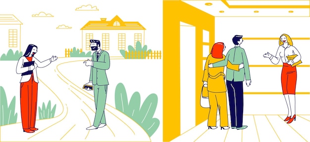 Couple visiting apartment for house tour presentation. characters choose house for living using real estate broker service. woman agent showing to people home interior. linear vector illustration