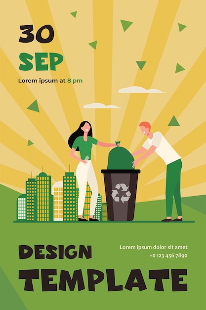 Free vector couple of volunteers collecting garbage. people placing bag with trash into bin flat flyer template