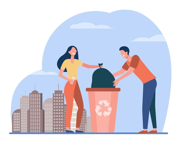 Couple of volunteers collecting garbage. people placing bag\
with trash into bin flat vector illustration. waste reducing,\
volunteering, recycling