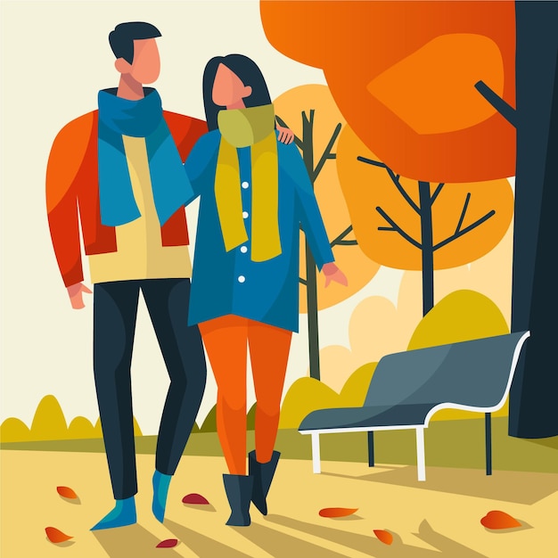 Free vector couple walking in autumn illustration