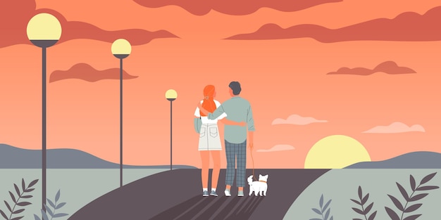 Free vector couple walking dog composition