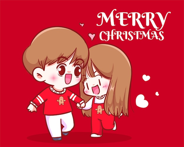 Couple walking and holding hands on christmas holiday celebration hand drawn cartoon art illustration