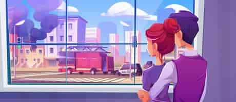 Free vector couple watching from window on burning building and fire truck cartoon illustration insurance incident in office house inside with smoke on street road disaster and emergency accident urban scene