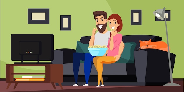 Free vector couple watching tv cheerful wife and husband sitting on couch eating popcorn happy married life movie night indoor rest