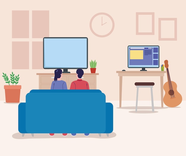 Free vector couple watching tv in living room