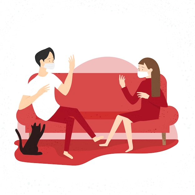 Free vector couple wearing masks and keeping a physical distance in their own home vector