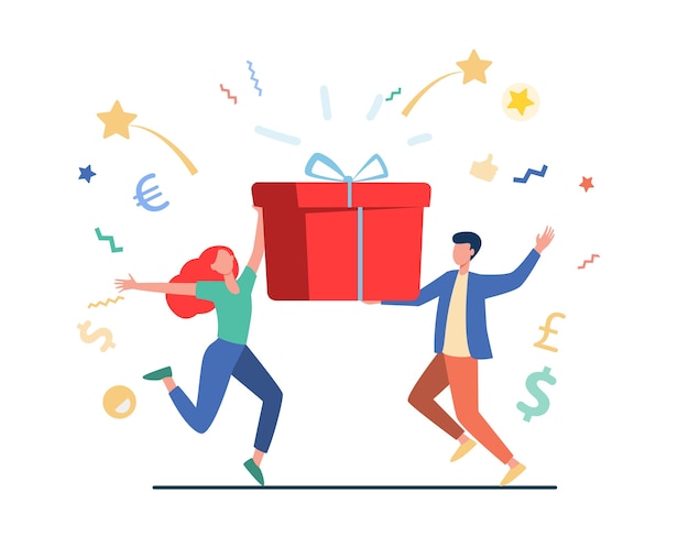 Free vector couple winning prize. man and woman holding gift box flat vector illustration. lottery, present, birthday party