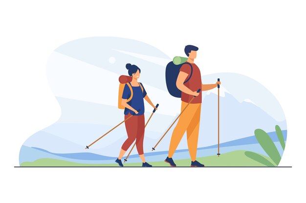 屋外を歩くバックパックとカップル。山のフラットベクトルイラストでハイキングノルディックポールを持つ観光客。休暇、旅行、トレッキングの概念