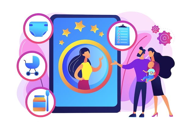 Couple with infant, parents choosing professional babysitter. Babysitting services, personal childcare services, hire a reliable sitter concept. Bright vibrant violet  isolated illustration