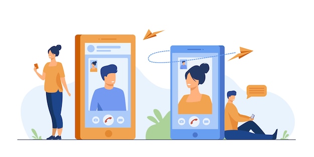 Free vector couple with smartphones talking through video call