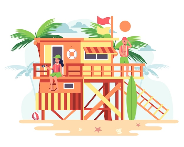 Coppia in una casa in legno sulla spiaggia con palme da cocco in background.