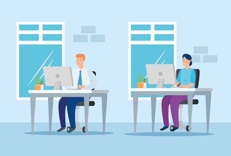 Free Vector couple working at home with computers in desk