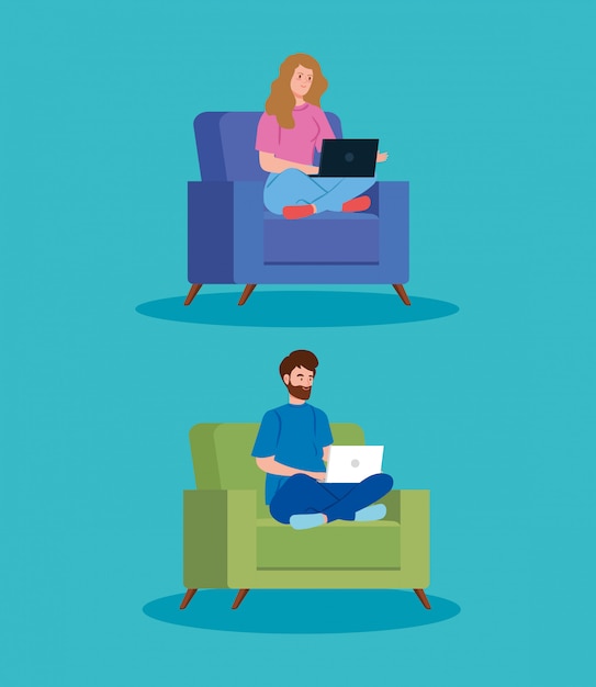 Couple working in telecommuting sitting in couch