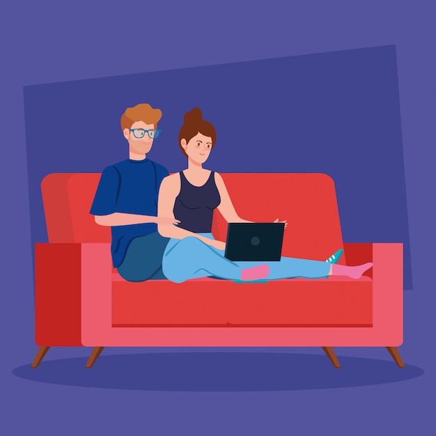 Free vector couple working in telecommuting with laptop in couch