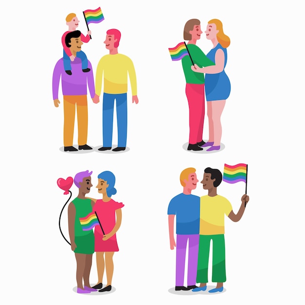 Бесплатное векторное изображение Пары и семьи празднуют пакет иллюстраций дня гордости