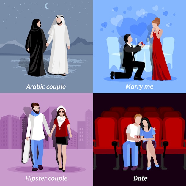 Couples characters in the desert, restaurant, city and cinema