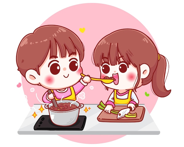 Couples cook in the kitchen cartoon hand draw illustration