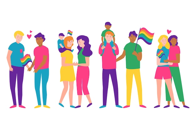 Free vector couples and families celebrating pride day illustrations