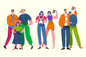 Free vector couples and families celebrating pride day set