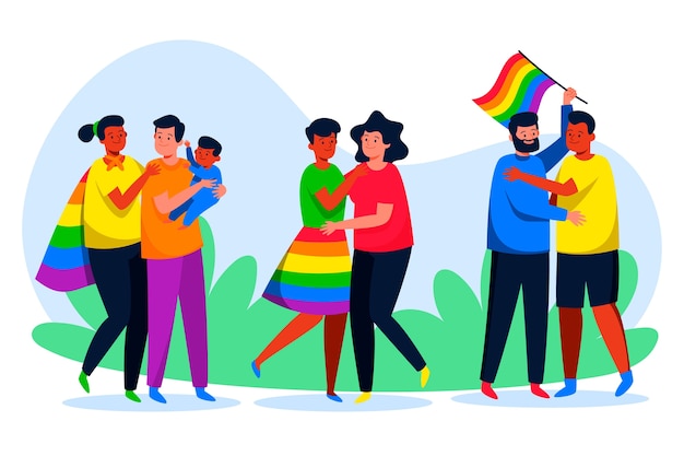 Free vector couples and families celebrating pride day